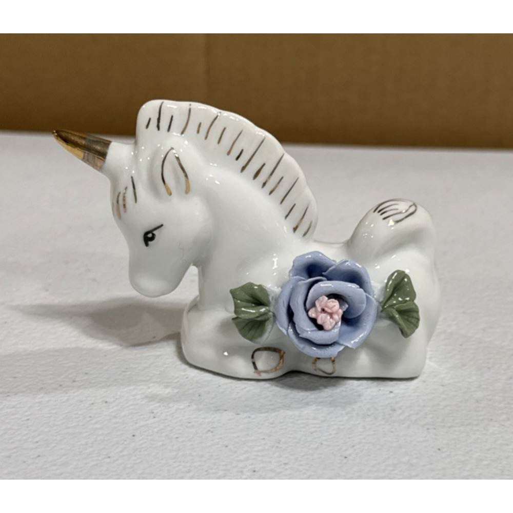 Vintage Ceramic Small Baby Unicorn White Blue Flower Gold Horn Magical Whimsical